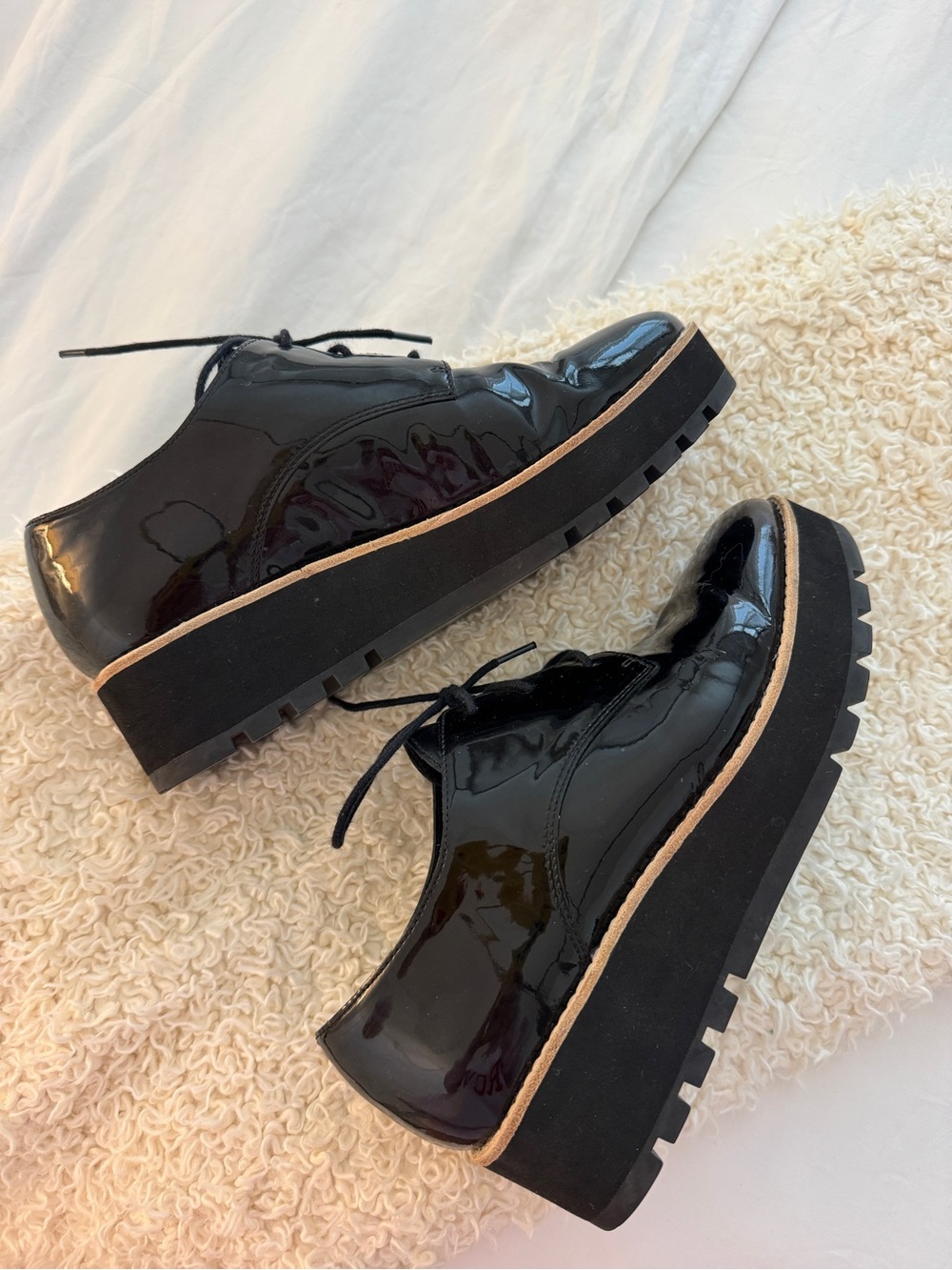 Women’s Eileen Fisher Eddy Black Patent Leather Platform Oxfords